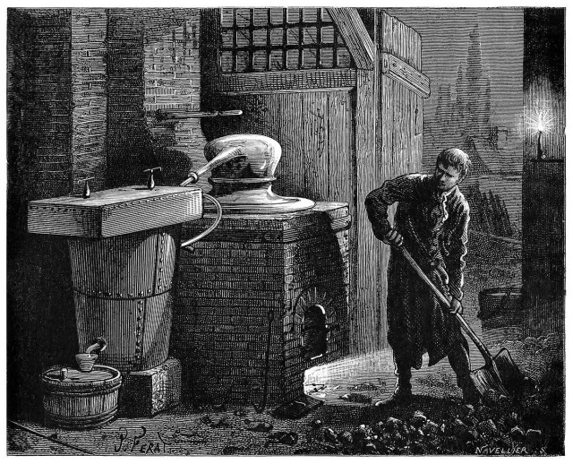 A young man shovels coal at night next to a distillation machine. Isaac Bérard (1770-1819) was a wine distiller who invented a new and economical distillation process.