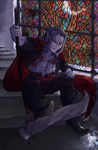 Illustration depicting Volkov from Brawlhalla game sitting on stairs right next to a stained-glass window. He's holding his scythe and resting one of his legs on it.