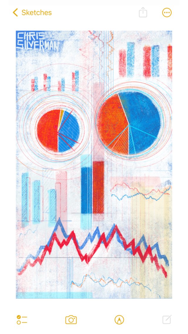 A chaotic mixture of red and blue charts and graphs that form a frowning face. Two pie charts form the eyes, a bar chart defines the nose, and a jagged pair of red and blue lines are the mouth.