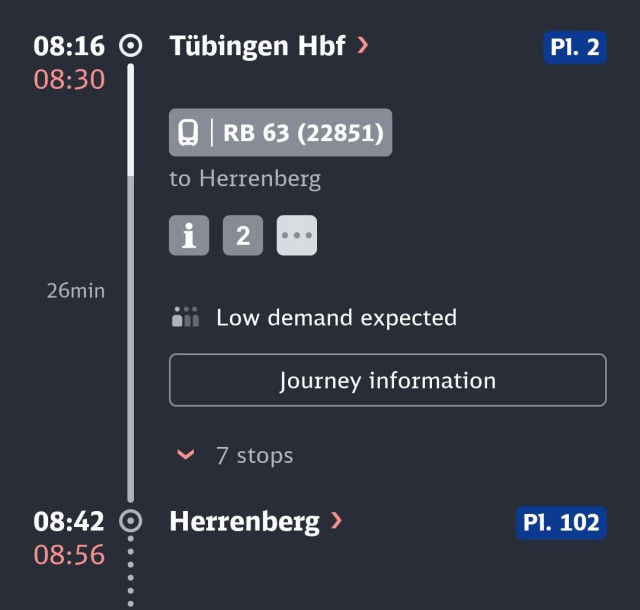 Verbindungsübersicht von Tübingen über Herrenberg.
Die angezeigte Verspätung beträgt rund 15 Minuten.