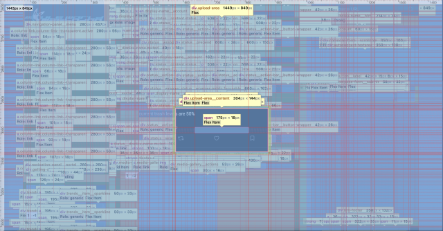 Screenshot showing my Mastodon instance's web interface with nearly the entire page covered with yellow text boxes and red grid lines showing what CSS each part of the webpage is using, what pixel dimensions they have, and what display type they're using.