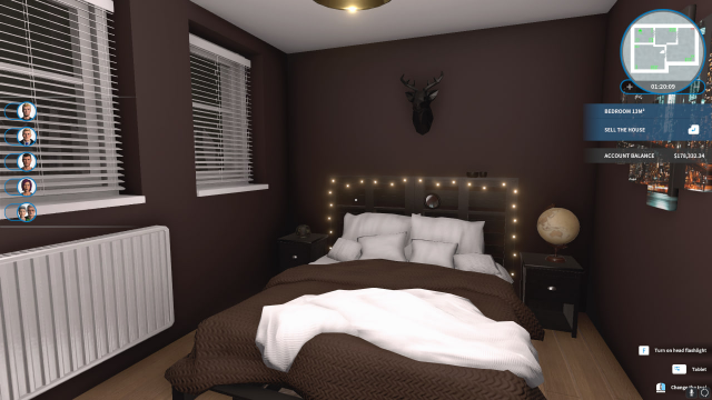 House Flipper screenshot of a bedroom. The walls are dark brown. There is a double bed and a figurine of a deer's head in it. 