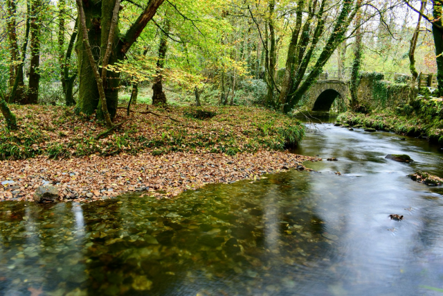 A long exposure of a river and bridge in autumn.