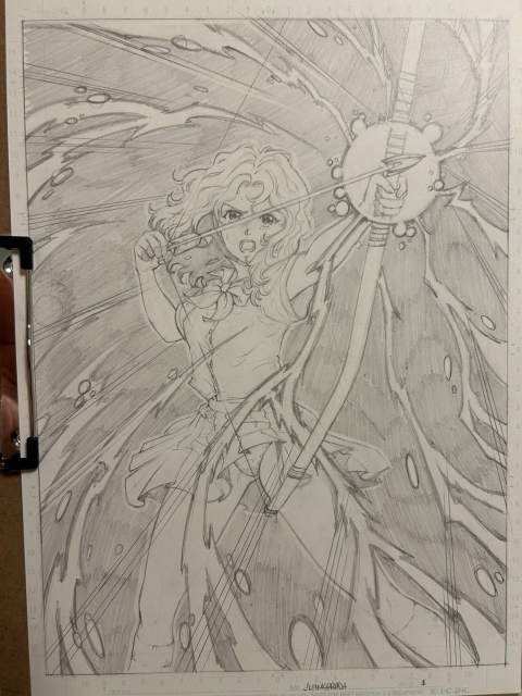 Penciled page for a manga-styled comic picturing a female archer powering up a shot 