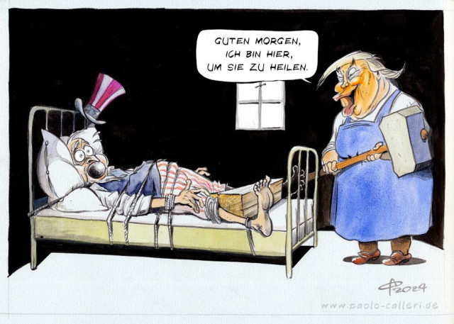 Karikatur. Uncle Sam ist geknebelt und an eine Bett gefesselt. Seine Bein werden durch einen Holzklotz gespreizt. Am Bettende steht Donald Trump in einem blauen Kleid. Er hält einen riesigen Hammer in seinen Händen und spricht: Guten Morgen, ich bin hier, um Sie zu heilen.