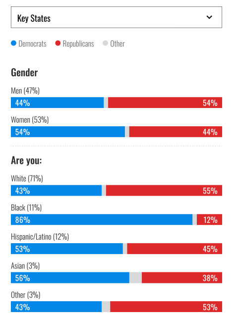 Screenshot of what did people vote for according to their gender and ethnicity. Slight advantage for Rep in Men and Dem in Women. Strong dem advantage in Black voters. 