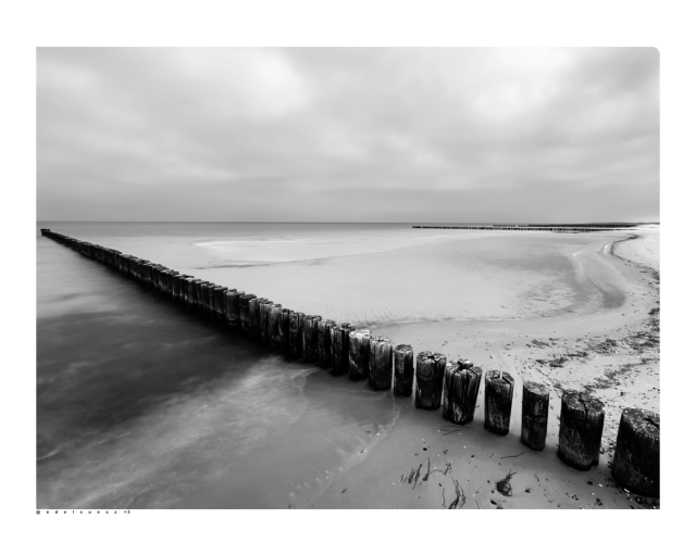 Schwarzweißfotografie: weiter breiter hellsandiger Ostseestrand mit einer, in Reihe installierter Holzbuhnen, zum Küstenschutz, schräg ins Meer verlaufend, durch längere Belichtungszeit ist die sonst wellenschlagende Ostsee glatt und verschwommen, grauer heller Himmel darüber 