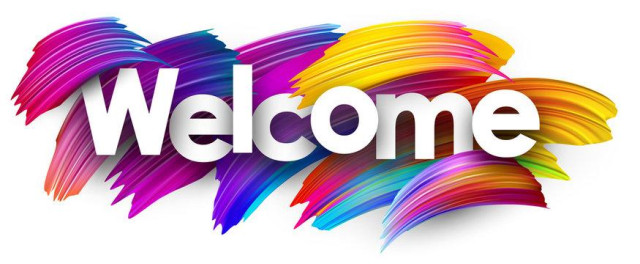 An image with a white background and some paint brush like strokes in different colors and the word Welcome in big white letters.