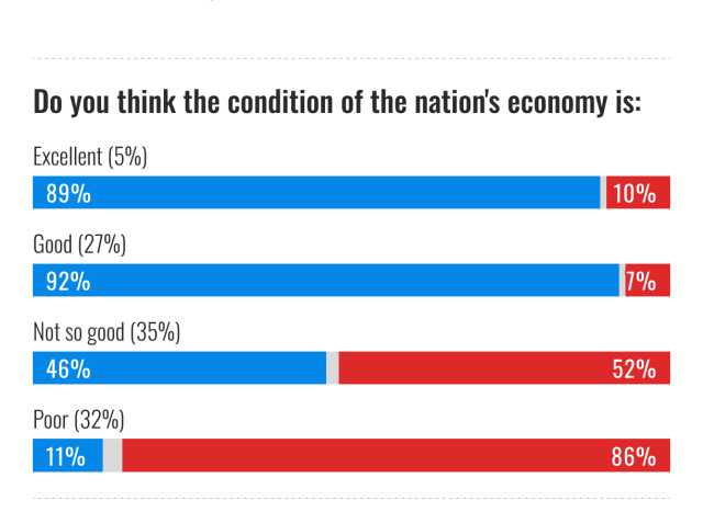 Screenshot showing answer to "do you think the condition of the economy is excelled / good / not so good / poor"
Results: clear divide on this aspect where Dems make most of the "excellent / good" categories and rep make most of "not so good" and especially "poor"