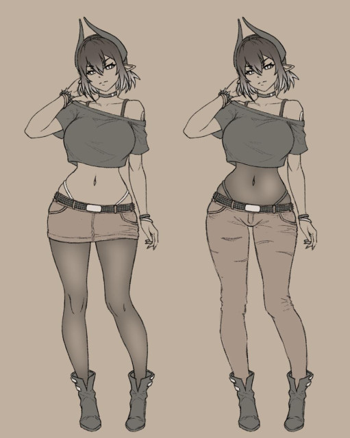 Fully body sketch of Salli, alter-ego of my OC Lisa. 
There are two variations of a similar outfit. 
On one she is wearing a cropped top, a denim mini-skirt with thongs peeking out, tights and a pair of ankle boots. 
On another she is wearing the same cropped top, but with a semi-transparent bodysuit underneath it and slim-fit jeans instead of mini-skirt.