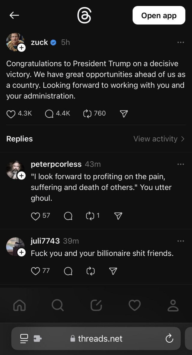 A screenshot of threads showing Mark Zuckerberg’s post congratulating President Trump on the victory. The immediate comments below that: one called him a ghoul and the other reads “fuck you”