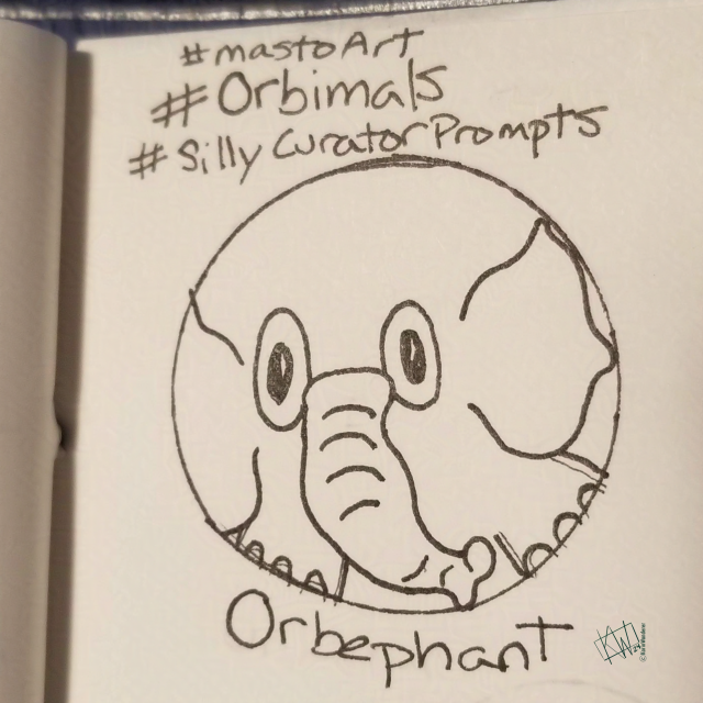 Ink drawing of a perfectly spherical elephant. Text reads "mastoArt Orbimals SillyCuratorPrompts".