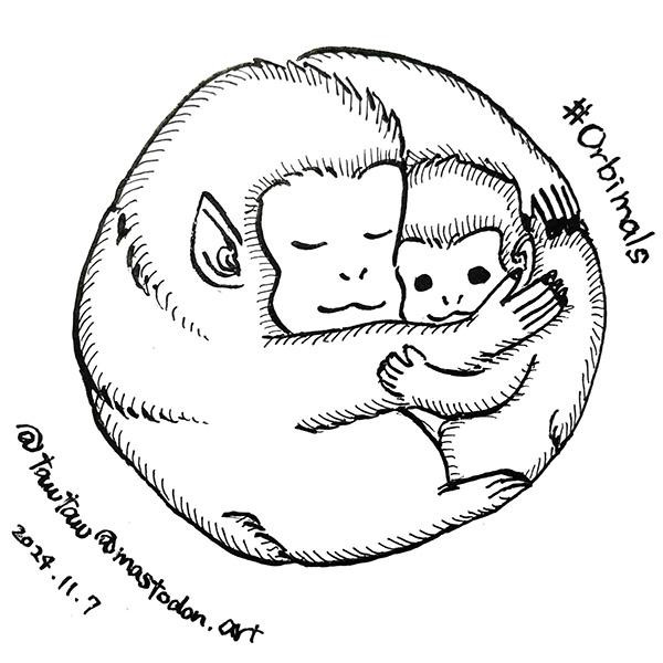 Simple line drawing. A Japanese macaque parent and child, drawn in a round shape. They are hugging each other tightly.