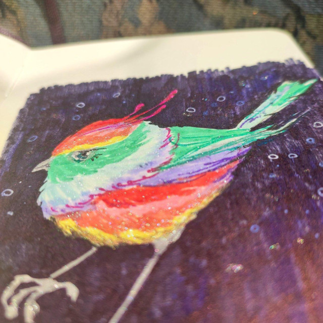 The drawing under an extreme angle to show the glitter. It also makes the bird look even more round. 