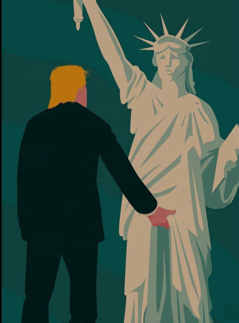 Trump grabbing the Statue of Liberty by the pussy. 