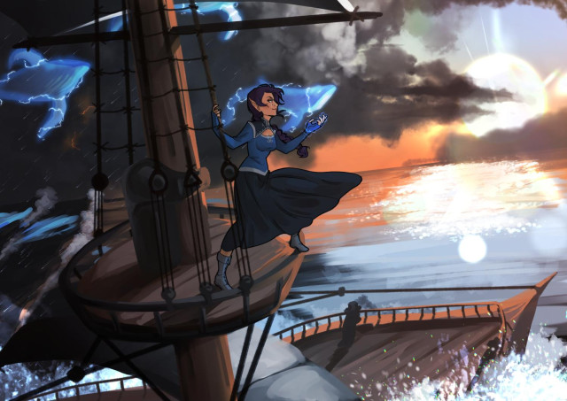 Drawing of a female elf mage casting as spell on top of a mast. There is a sunset behind her and a group of celestial whales floating in the sky.