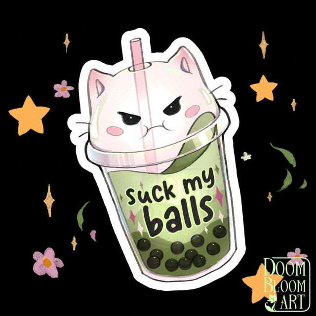 Drawing of a bubble tea cup with cat ears, pouty cat face, and "suck my balls" written on it. It is a very angry bubble tea.