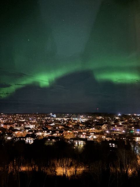 A stunning view of the northern lights illuminating the night sky above a suburban landscape. The foreground features illuminated houses and trees, while the vibrant green hues of the aurora fill the upper part of the image.