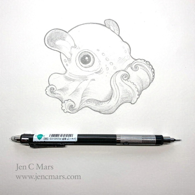 Photo of a pencil drawing of a cute round octopus with flappy flippers on its head and big eyes and two tentacles coiled up almost touching in front of its "face"