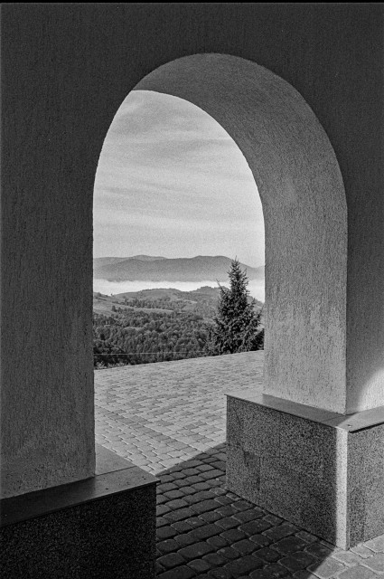 The black-and-white photo captures a beautiful view in the Ukrainian Carpathians, seen through a large, arched opening. The foreground is framed by textured stone and concrete architecture, adding a sense of depth and contrast. Beyond the arch, the mist-covered hills and valleys stretch toward distant mountains under a soft, cloudy sky. The scene is tranquil, with a lone evergreen tree standing prominently on the right, enhancing the natural beauty of the landscape. The mist between the hills creates a serene and dreamy atmosphere.