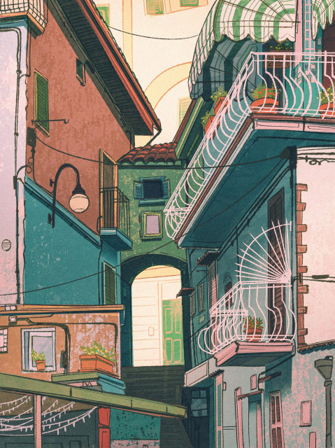 Illustration of a chaotic and disorganized grouping of buildings in Vietri Sul Mare, Italy.