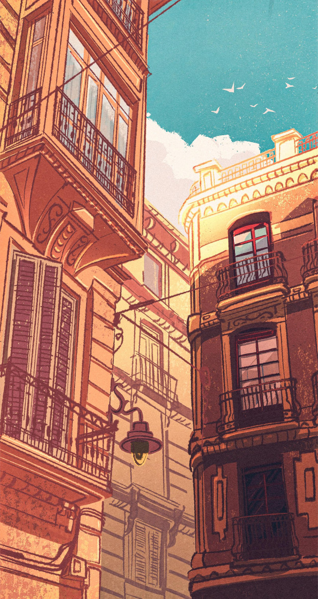 Illustration of some stately buildings in Spain.