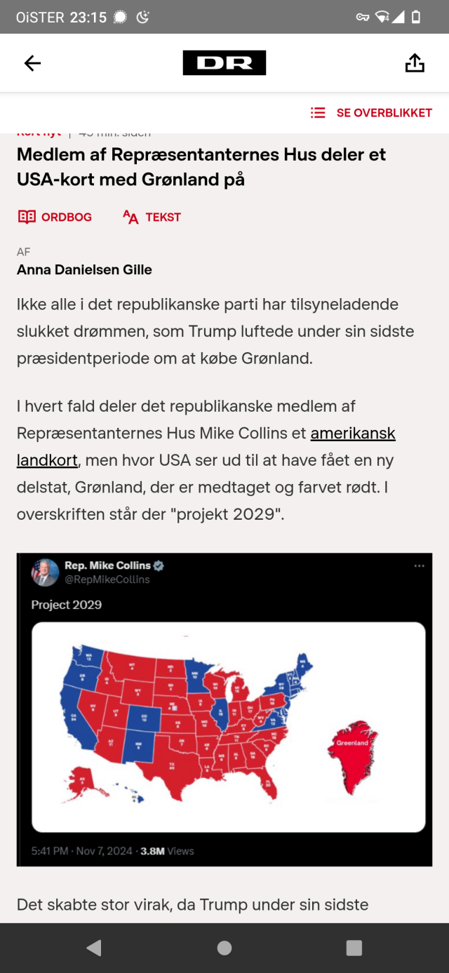 Screen Shot of Danish news item showing tweet from US congressman with a map of US including Greenland as an additional state. 