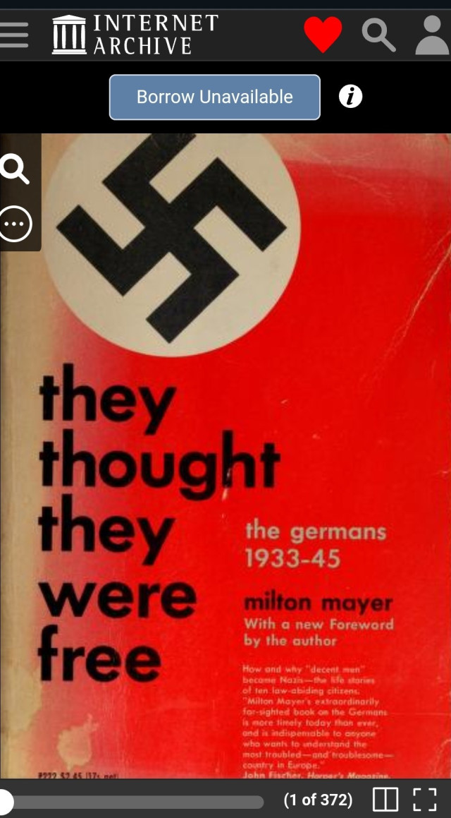 Cover of They Thought They Were Free: The Germans 1933-45 is a 1955 nonfiction book written by Milton Mayer

Worn copy. Red with a black swastika 