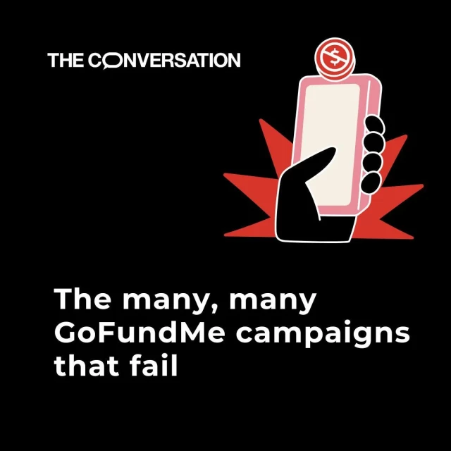 The graphic says "The many, many GoFundME campaigns that fail" while showing a drawing of a hand holding a smartphone. 