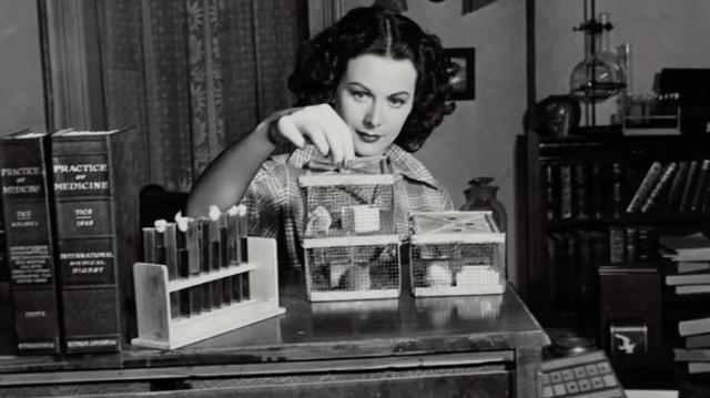 Black and white photo of actress and inventor Hedy Lamar, sitting behind a desk and handling one of three stacked mice cages. She is surrounded by science equipment and textbooks.