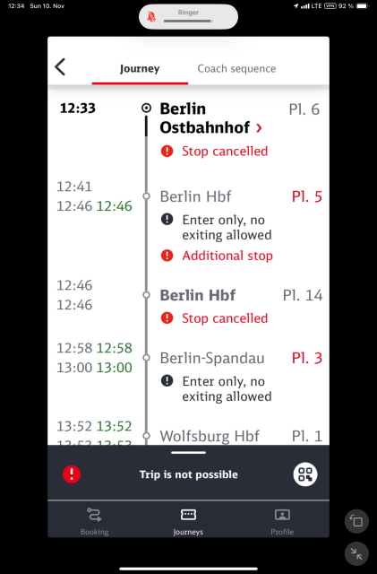 Verbindungsdetails im DB-Navigator

12:33 Berlin Ostbahnhof  Pl. 6
! Stop cancelled

12:41 12:46 Berlin Hbf Pl. 5
! Additional stop

12:46 12:46 Berlin Hbf Pl. 14
! Stop cancelled

12:58 13:00 Berlin-Spandau Pl. 3