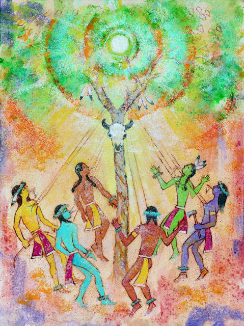 Acrylic-on-board painting depicting a traditional Lakota Sun Dance ceremony.