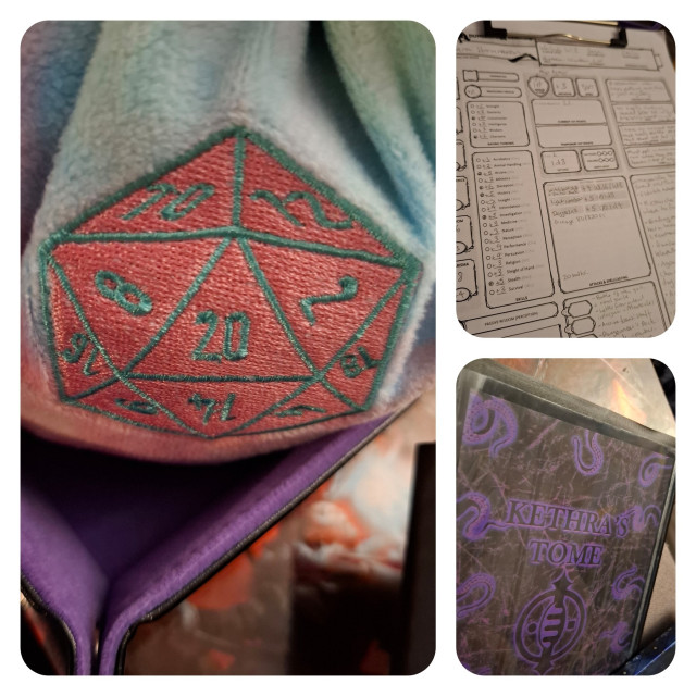 Dice bag, character sheet and a character spell book.