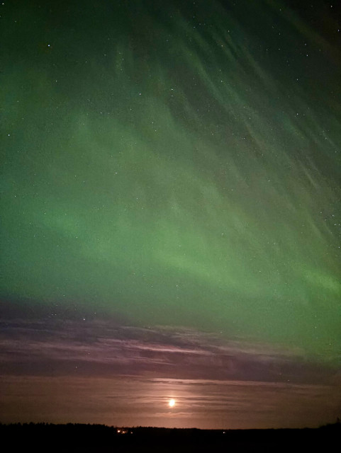 Moonshine just above the horizon with green aurora above that.