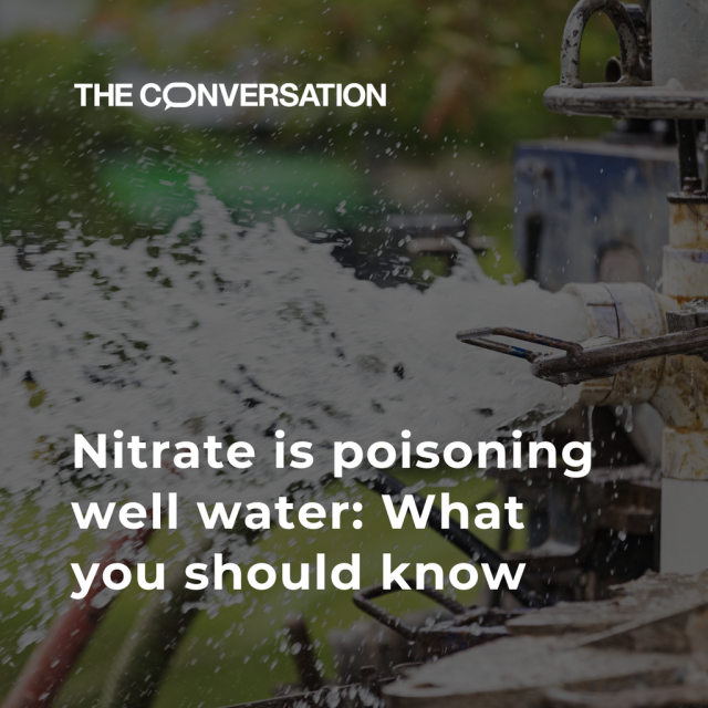 Water splashes from a hose. The graphic reads "Nitrates is poisoning well water: What you should know". 