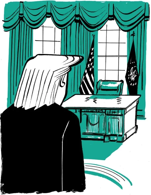 A stylized illustration of a figure with characteristic hair viewed from behind, standing in the Oval Office, looking toward the empty Resolute desk. The room is drawn in teal and black with minimal detail, featuring American flags and large windows behind the desk. The image evokes a sense of contemplation or solitude within a presidential setting.