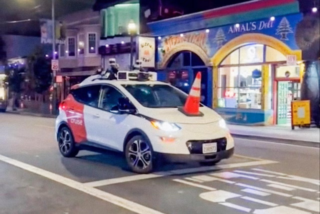 Put a cone on the self driving car so it will stop. Forever.