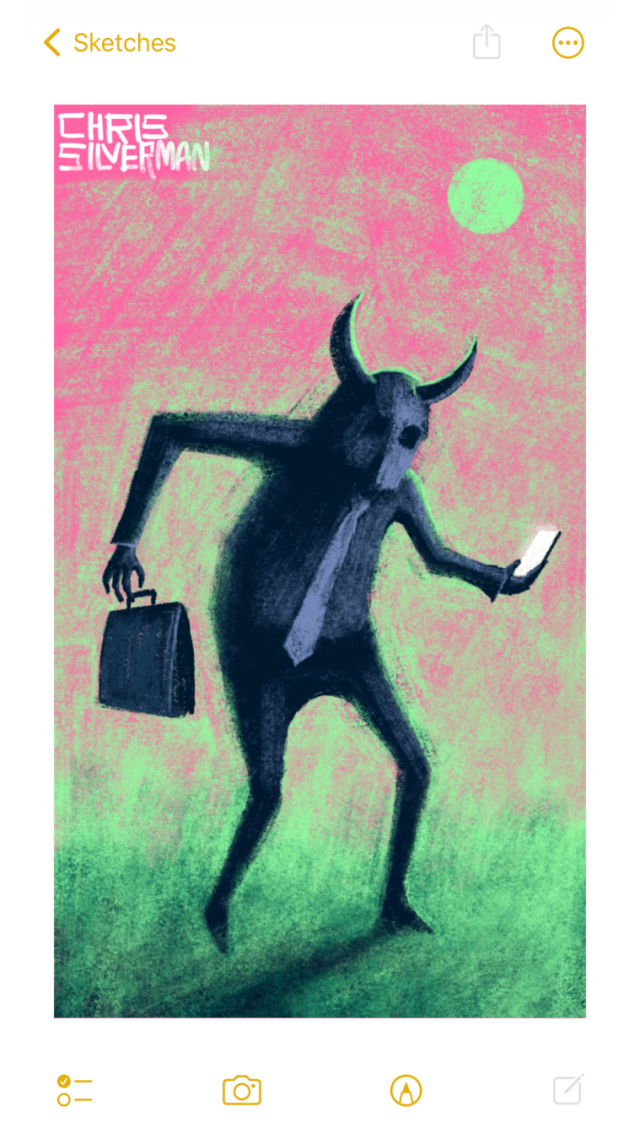 An eerie figure with a horned, skull-like head. The figure is wearing a tie and formal pants, and holds a briefcase in one hand and a glowing phone in the other. The figure is walking or dancing under a pink sky, in which hangs a neon-green sun or moon. The figure itself seems to be glowing with a slight greenish light. The ground it is standing on is also green.