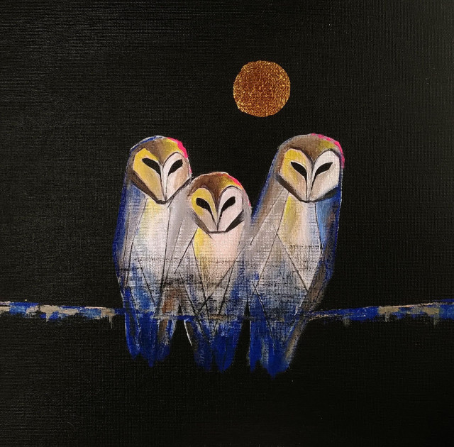 Acrylic painting of three abstract barn owls sitting under a golden moon