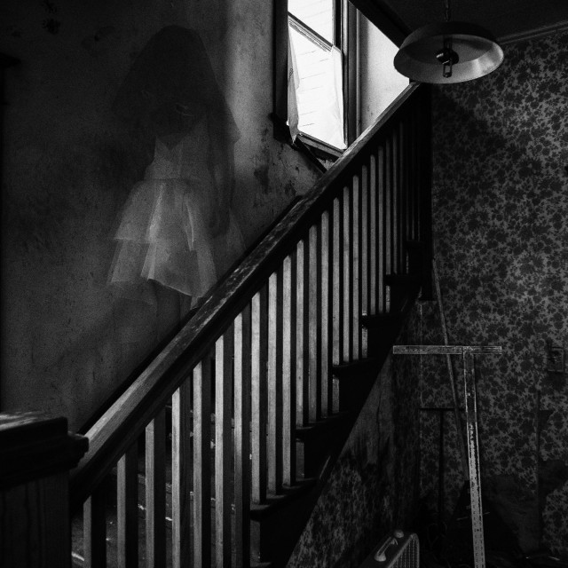 Black and white depiction of a young woman descending a staircase. She's wearing a white dress and veil, and is slightly translucent. Various other edits were done to enhance the spookiness factor.