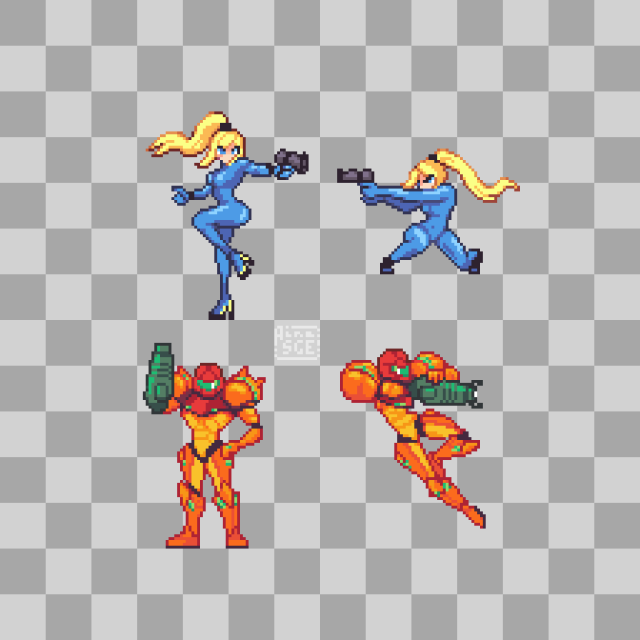 Set of pixelart sprites.
2 samus suit zero and 2 samus with suit.