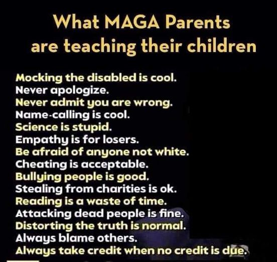 Meme: What MAGA Parents are Teaching their Children

Mocking the disabled is cool.
Never apologize.
Never admit you are wrong.
Name-calling is cool.
Science is stupid.
Empathy is for losers.
Be afraid of anyone not white.
Cheating is acceptable.
Bullying people is good.
Stealing from charities is ok.
Reading is a waste of time.
Attacking dead people is fine.
Distorting the truth is normal.
Always blame others.
Always take credit when no credit is due.
[and lots of other horrible things.]