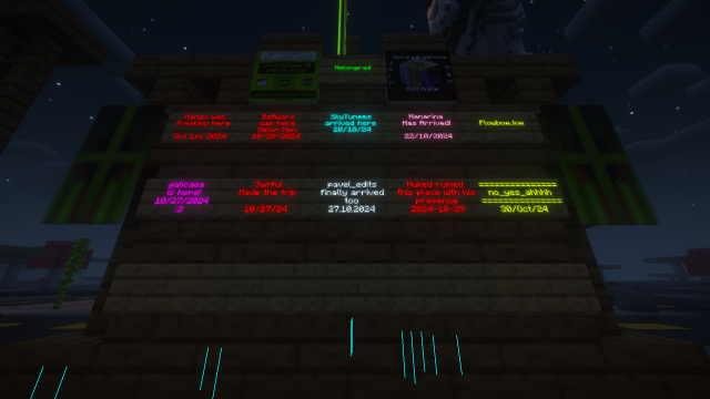 A signboard at Melongrad, the Melon Men admin base on the 2b2t Minecraft server. This board features a series of colorful signs left by different players, marking their visits to the base. Here are the individual signs:

"Mango was freaking here - Oct 1st, 2024" in red text

"BeAware was here, Melon Men - 10-28-2024" in red text

"SkyTunees arrived here - 20/10/24" in light blue text

"Manarina Has Arrived! - 22/10/2024" in pink text

"FlowJoeJoe" in yellow text

"galicaea is here! - 10/27/2024" in purple text

"Synful Made the trip - 10/27/24" in red text

"pavel_edits finally arrived too - 27.10.2024" in white text

 "Nuked ruined this place with his presence - 2024-10-29" in red text, seemingly a playful joke rather than a reference to any griefing.

    "no_yes_ahhhh - 30/Oct/24" in yellow text

Above the signs, there are two pieces of map art with messages such as "Join the Melon Men Today" and "Spread melons, not hate." This board serves as a log of player visits to the base, showing the names and dates of visitors in different colors, and adding a bit of humor with some playful messages.