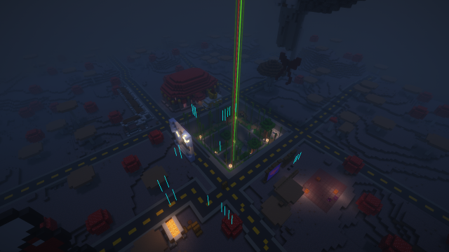 An overhead view of Melongrad, the admin base for the Melon Men group on the 2b2t Minecraft server. The screenshot captures the distinct layout of the base, featuring a network of roads marked with yellow and black lines, reminiscent of a city grid. At the center of the image, there is a towering beam of green and red light, created by beacons, illuminating a garden-like area filled with trees and bamboo.

Surrounding the central beacon area, various structures are visible, including a large red building that resembles a traditional-style structure with decorative elements. The landscape is dotted with giant mushroom blocks, typical of a mushroom biome, adding a surreal ambiance to the scene. In the bottom part of the image, smaller lit areas and pathways suggest additional structures and details, all contributing to the well-planned, urban-like layout of Melongrad.