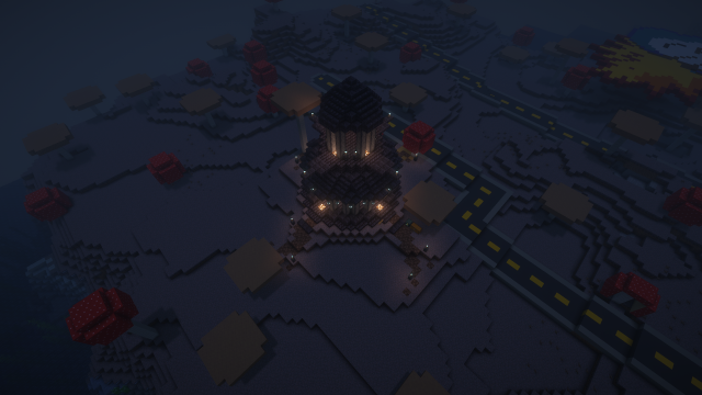 A view of a dark, cylindrical structure in Melongrad, the Melon Men admin base on the 2b2t Minecraft server. The building has a layered, circular design with a domed roof and is illuminated by glowstone or lanterns, casting a warm light against the otherwise shadowy environment. It sits near a road with the characteristic yellow and black markings seen in Melongrad’s layout.

Surrounding the structure are giant mushrooms typical of the mushroom biome, adding an eerie atmosphere to the scene. The road network is visible nearby, connecting this building to other parts of the base. The structure’s detailed design and strategic lighting suggest it might serve as an important or central building within the Melongrad base layout.