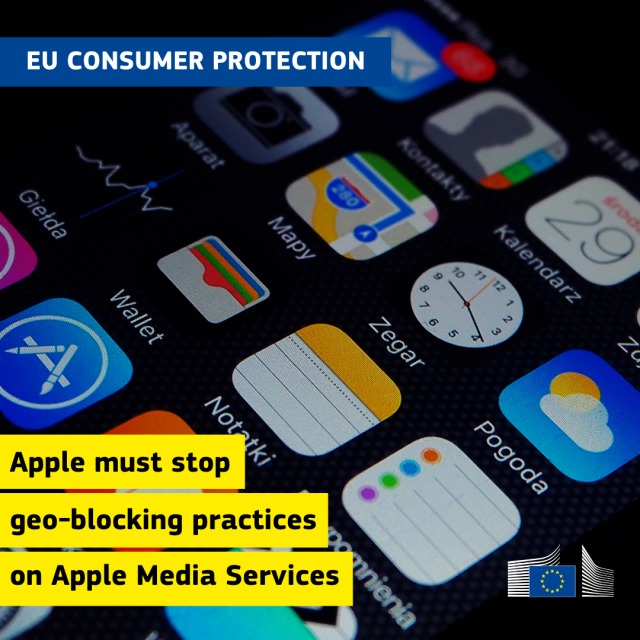 A visual showing several apps on a screen. In the foreground is the text: "EU CONSUMER PROTECTION - Apple must stop geo-blocking practices on Apple Media Services."