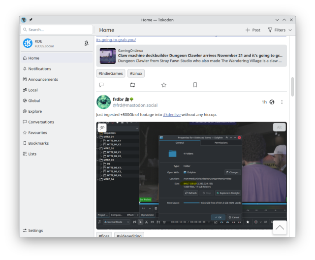 Screenshot of Todokodon browsing KDE's Mastodon feed.