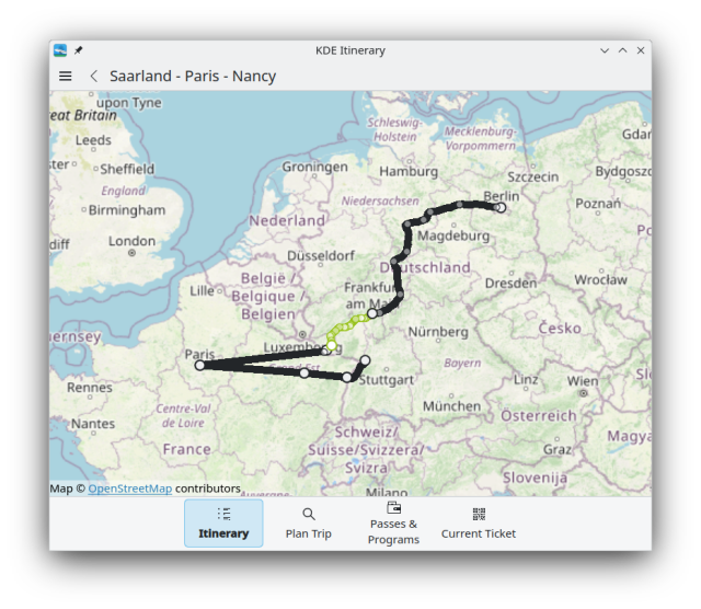 Itinerary, showing the map of a trip from Berlin to Paris to Stuttgart.