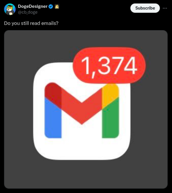 Gmail app with 1374 unread emails