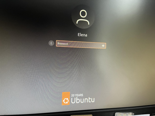 A photo of my Raspberry Pi login screen that says “Elena” and below “20 years Ubuntu”